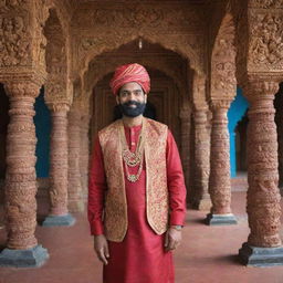 A Malayali man dressed in traditional attire, visiting a beautifully ornate Indian temple adorned with intricate carvings and vibrant colors