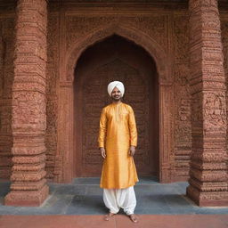 A Malayali man dressed in traditional attire, visiting a beautifully ornate Indian temple adorned with intricate carvings and vibrant colors