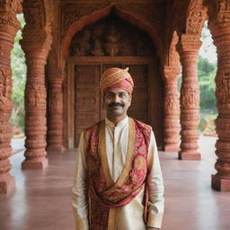 A Malayali man dressed in traditional attire, visiting a beautifully ornate Indian temple adorned with intricate carvings and vibrant colors