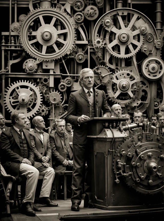 A high-definition, historic photojournalism shot of a presidential speech, incorporating elements of Steampunk