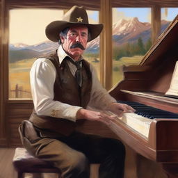 Generate an image of a sheriff who is also a painter and a pianist