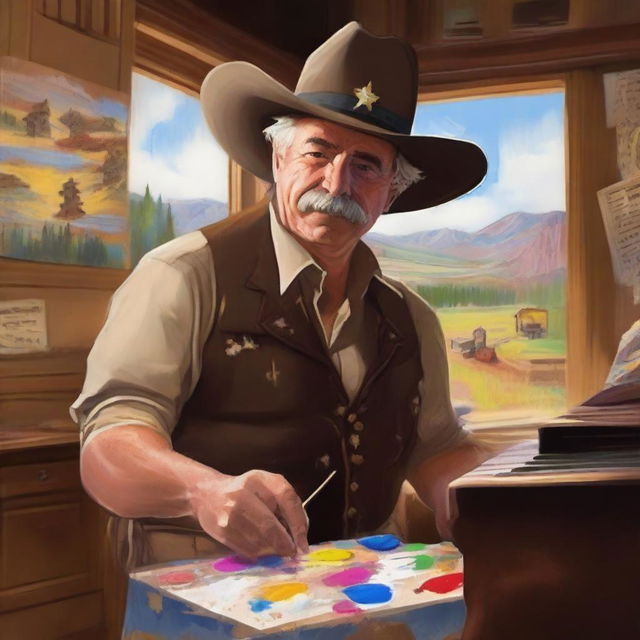 Generate an image of a sheriff who is also a painter and a pianist