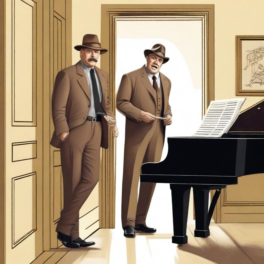 Generate an image where a sheriff has caught a painter with a pianist