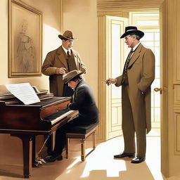 Generate an image where a sheriff has caught a painter with a pianist