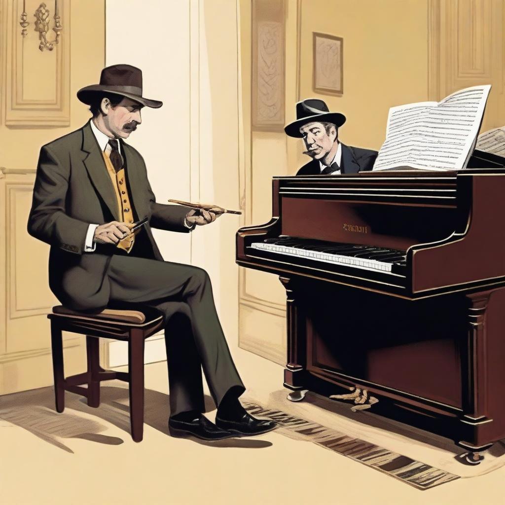 Generate an image where a sheriff has caught a painter with a pianist