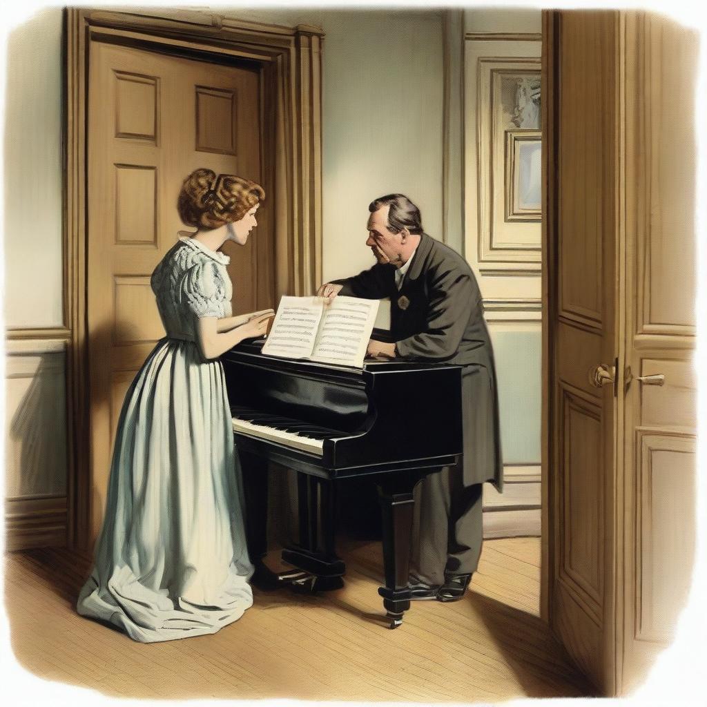 Generate an image where a sheriff has caught a painter with a woman playing the piano