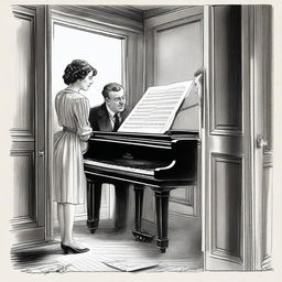 Generate an image where a sheriff has caught a painter with a woman playing the piano