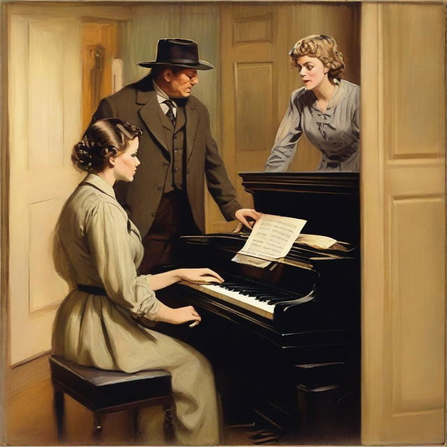 Generate an image where a sheriff has caught a painter with a woman playing the piano