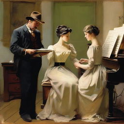 Generate an image where a sheriff, a woman, and a painter are all together, with the woman playing the piano and the painter painting