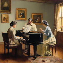 Generate an image where a sheriff, a woman, and a painter are all together, with the woman playing the piano and the painter painting