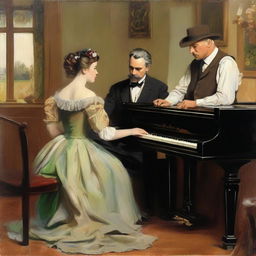 Generate an image where a sheriff, a woman, and a painter are all together, with the woman playing the piano and the painter painting