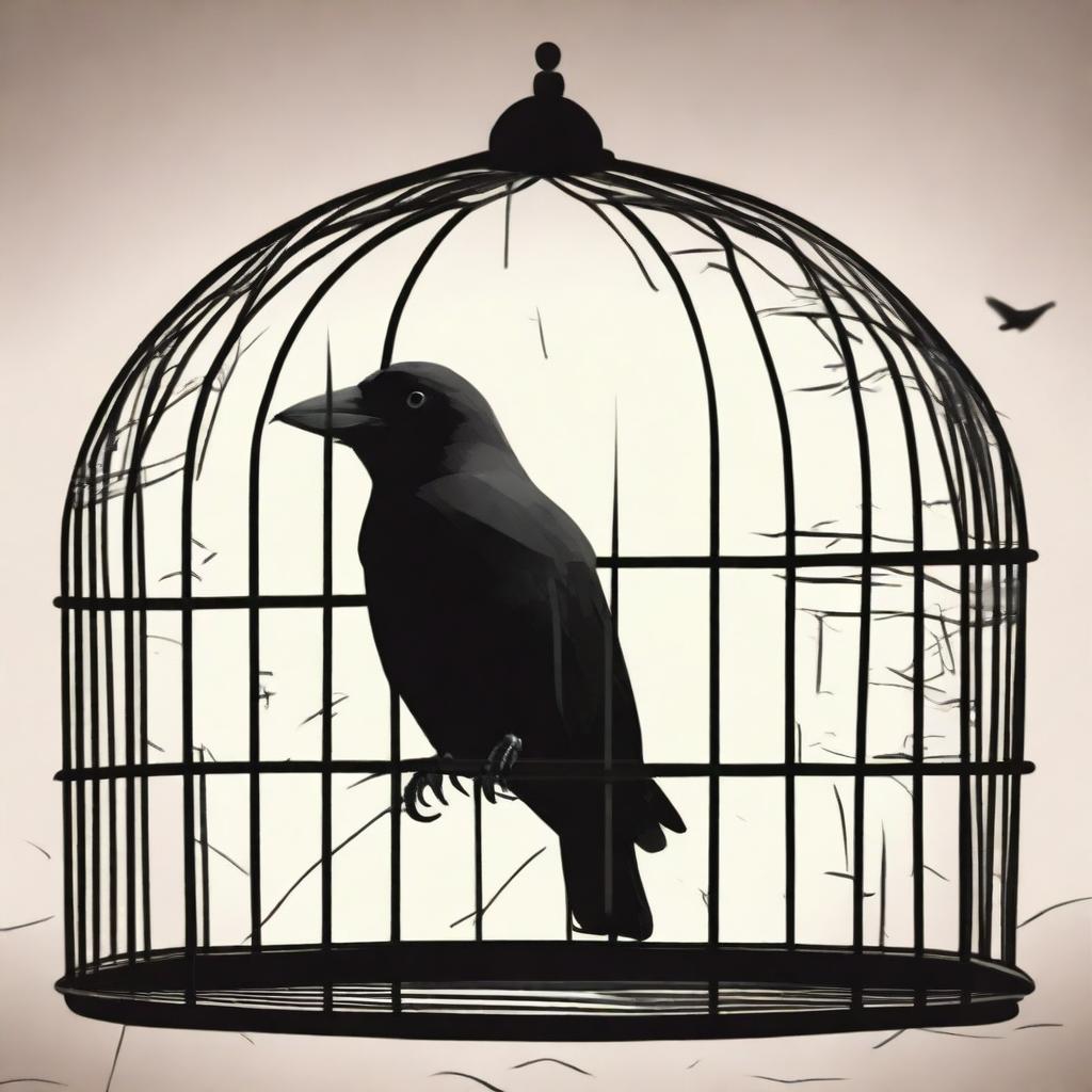 Depict a scene of a crow trapped in a cage, casting a longing gaze towards the outside world, symbolizing a desire for freedom and escape