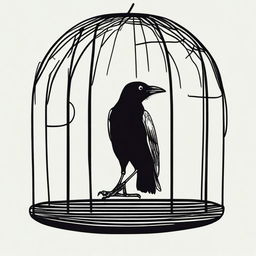 Depict a scene of a crow trapped in a cage, casting a longing gaze towards the outside world, symbolizing a desire for freedom and escape