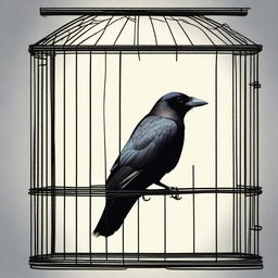 Depict a scene of a crow trapped in a cage, casting a longing gaze towards the outside world, symbolizing a desire for freedom and escape