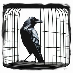 Depict a scene of a crow trapped in a cage, casting a longing gaze towards the outside world, symbolizing a desire for freedom and escape