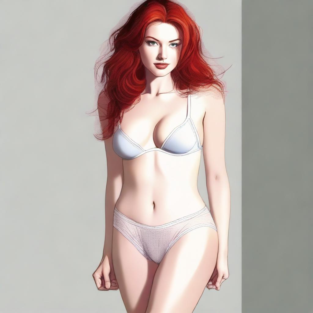 An artistic depiction of a beautiful redhead woman in her underwear, posing in a tasteful and non-exploitative manner