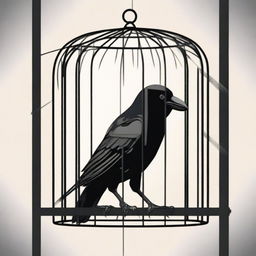 Illustrate a caged crow, its dark feathers contrasting with the cold metallic bars of its cage, symbolizing confinement and a longing for freedom