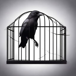 Illustrate a caged crow, its dark feathers contrasting with the cold metallic bars of its cage, symbolizing confinement and a longing for freedom