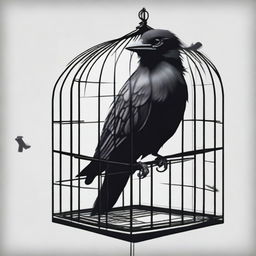 Illustrate a caged crow, its dark feathers contrasting with the cold metallic bars of its cage, symbolizing confinement and a longing for freedom