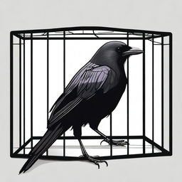 Illustrate a caged crow, its dark feathers contrasting with the cold metallic bars of its cage, symbolizing confinement and a longing for freedom