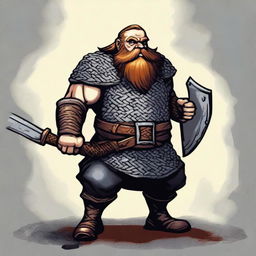 Create an image of a sturdy dwarf clad in chain mail, wielding a great ax