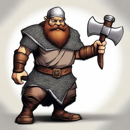 Create an image of a sturdy dwarf clad in chain mail, wielding a great ax