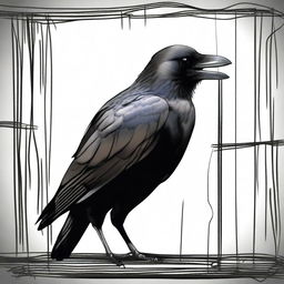 Illustrate a crow in captivity, its feathers ruffled and eyes filled with a sense of longing, symbolizing the harsh reality of confinement