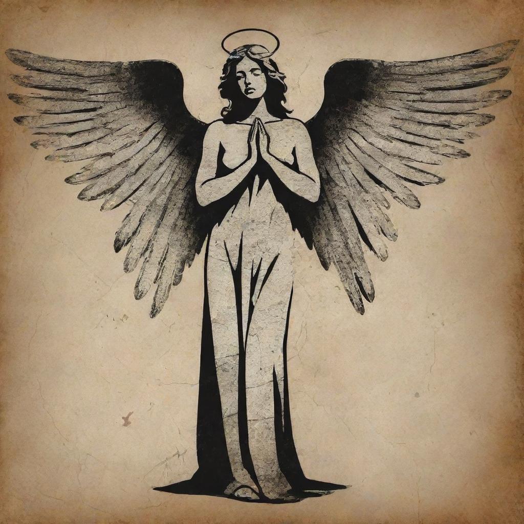 A distressed vector design illustrating indifference through a distressed angel-themed figure, done in coarse, jagged lines and weathered textures for a dramatic aesthetic.