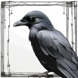 Illustrate a crow in captivity, its feathers ruffled and eyes filled with a sense of longing, symbolizing the harsh reality of confinement