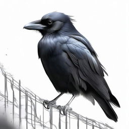 Illustrate a crow in captivity, its feathers ruffled and eyes filled with a sense of longing, symbolizing the harsh reality of confinement