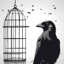 Illustrate a crow confined in a cage, its eyes reflecting a longing for the freedom of the open sky, symbolizing the struggle against captivity