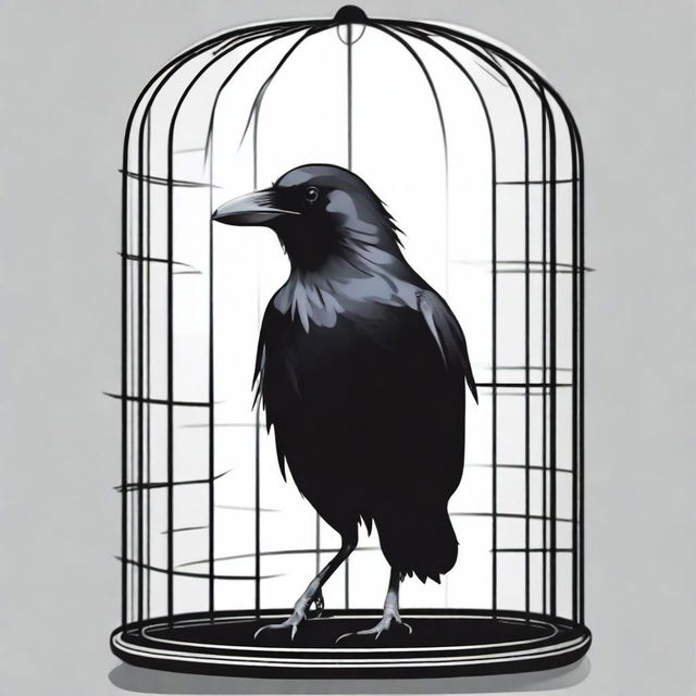 Illustrate a crow confined in a cage, its eyes reflecting a longing for the freedom of the open sky, symbolizing the struggle against captivity