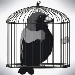 Illustrate a crow confined in a cage, its eyes reflecting a longing for the freedom of the open sky, symbolizing the struggle against captivity