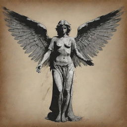 A distressed vector design illustrating indifference through a distressed angel-themed figure, done in coarse, jagged lines and weathered textures for a dramatic aesthetic.