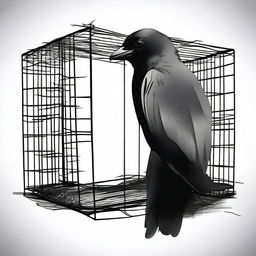 Illustrate a crow confined in a cage, its eyes reflecting a longing for the freedom of the open sky, symbolizing the struggle against captivity