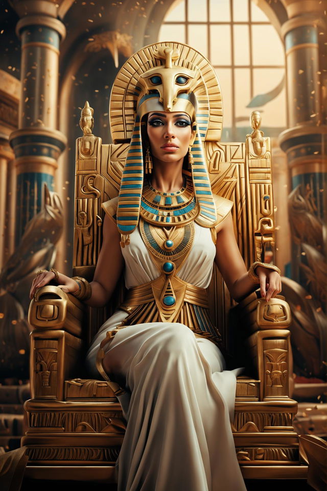 An image of Cleopatra sitting on her royal throne, reading a papyrus scroll