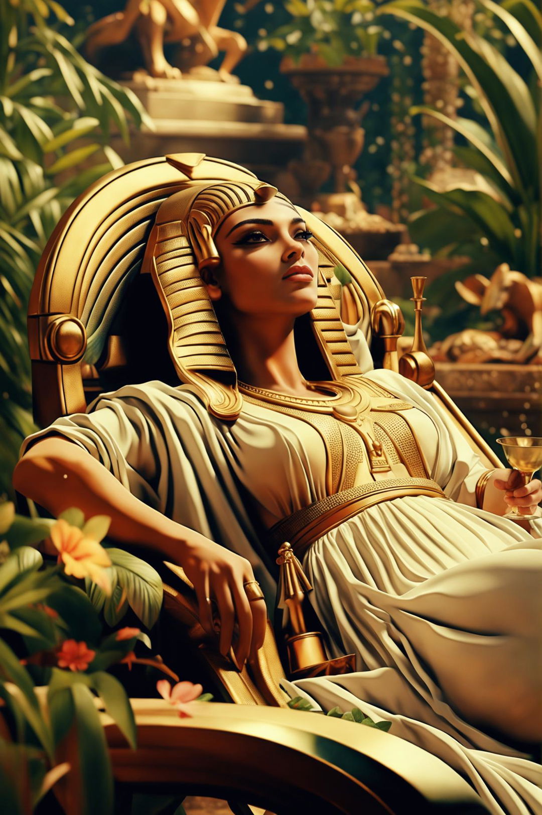 An image of Cleopatra reclining in a peaceful garden, with a goblet in hand