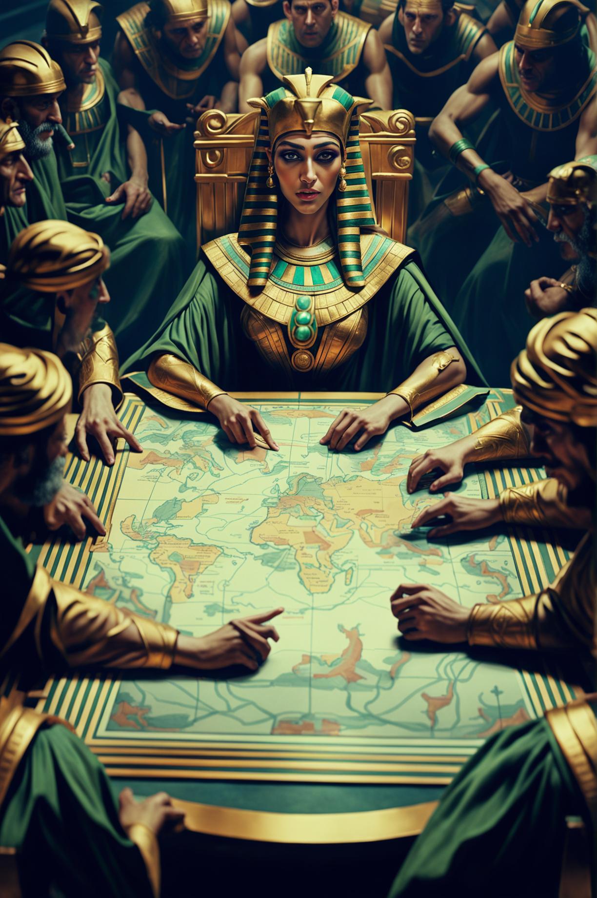 An image of Cleopatra in a heated discussion with her advisors, pointing at a map