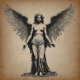 A distressed vector design illustrating indifference through a distressed angel-themed figure, done in coarse, jagged lines and weathered textures for a dramatic aesthetic.