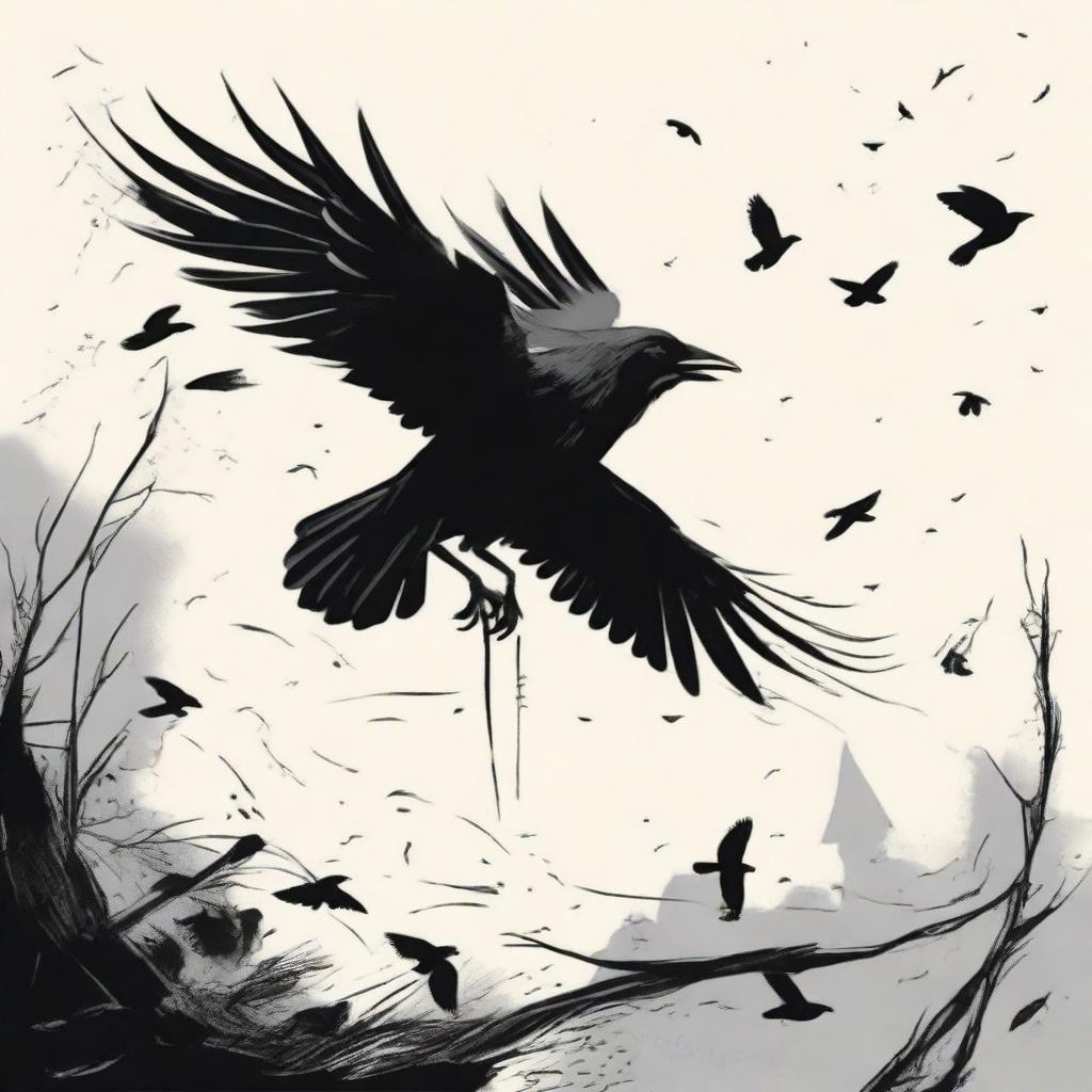 Illustrate a dramatic scene of a crow being kidnapped, its wings flapping in futile resistance, symbolizing a struggle against forceful control and loss of freedom