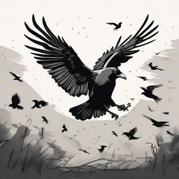 Illustrate a dramatic scene of a crow being kidnapped, its wings flapping in futile resistance, symbolizing a struggle against forceful control and loss of freedom