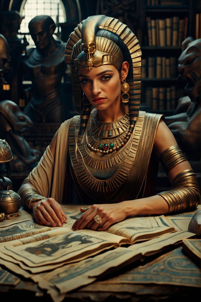 An image of Cleopatra in her private study, engrossed in reading a scroll