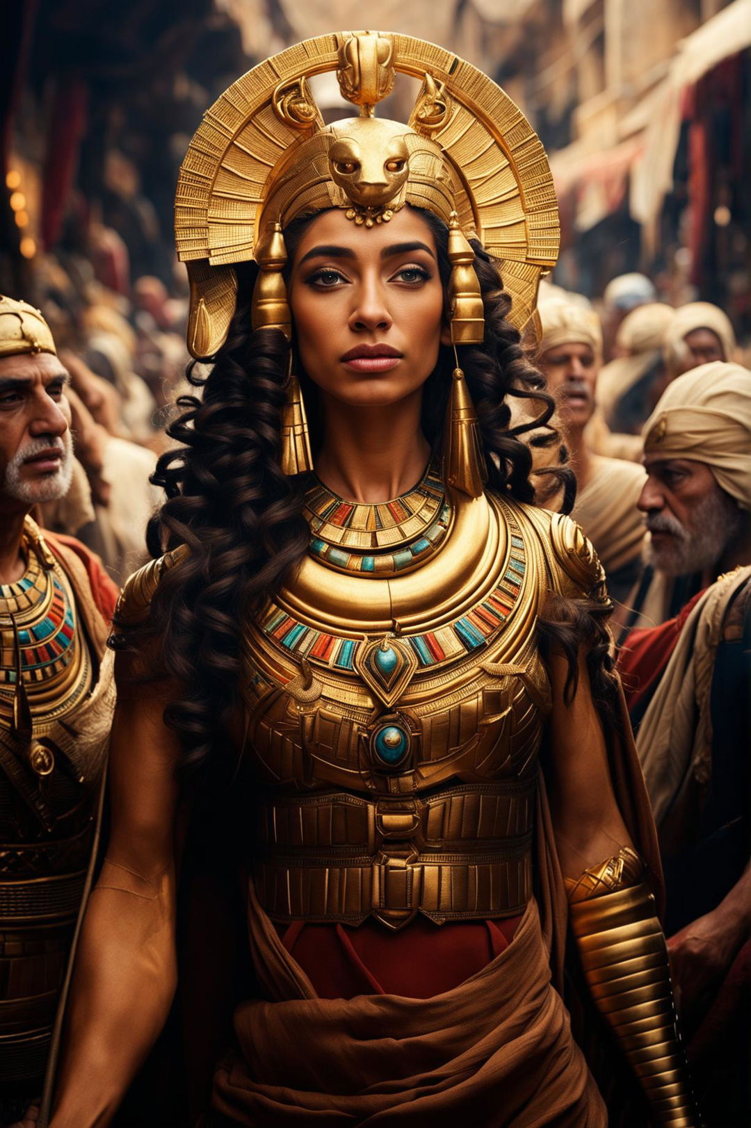 An image of Cleopatra in a bustling marketplace of ancient Egypt, interacting with the common people