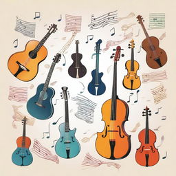 An image of a variety of musical instruments including a guitar, piano, and violin, with musical notes floating around them.