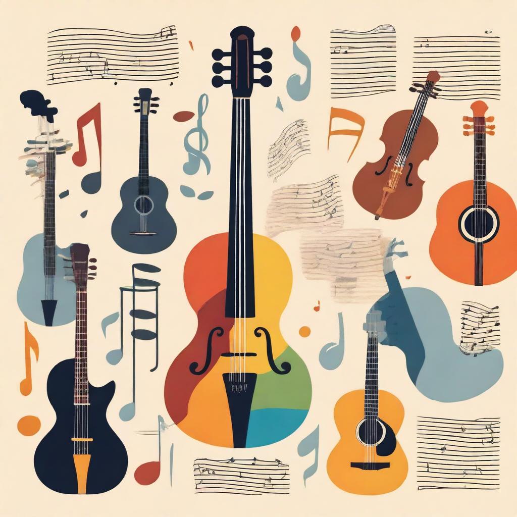 An image of a variety of musical instruments including a guitar, piano, and violin, with musical notes floating around them.