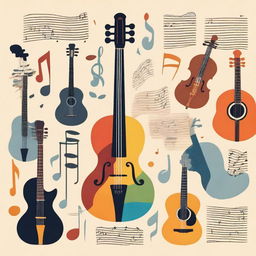 An image of a variety of musical instruments including a guitar, piano, and violin, with musical notes floating around them.