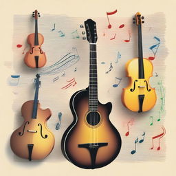 An image of a variety of musical instruments including a guitar, piano, and violin, with musical notes floating around them.