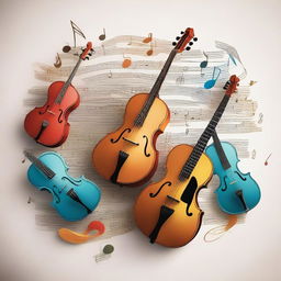 An image of a variety of musical instruments including a guitar, piano, and violin, with musical notes floating around them.