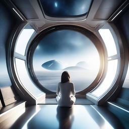 An image of a person inside a futuristic spaceship, looking out at the vast expanse of space through a large window.