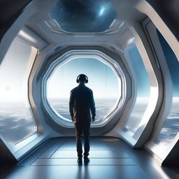 An image of a person inside a futuristic spaceship, looking out at the vast expanse of space through a large window.